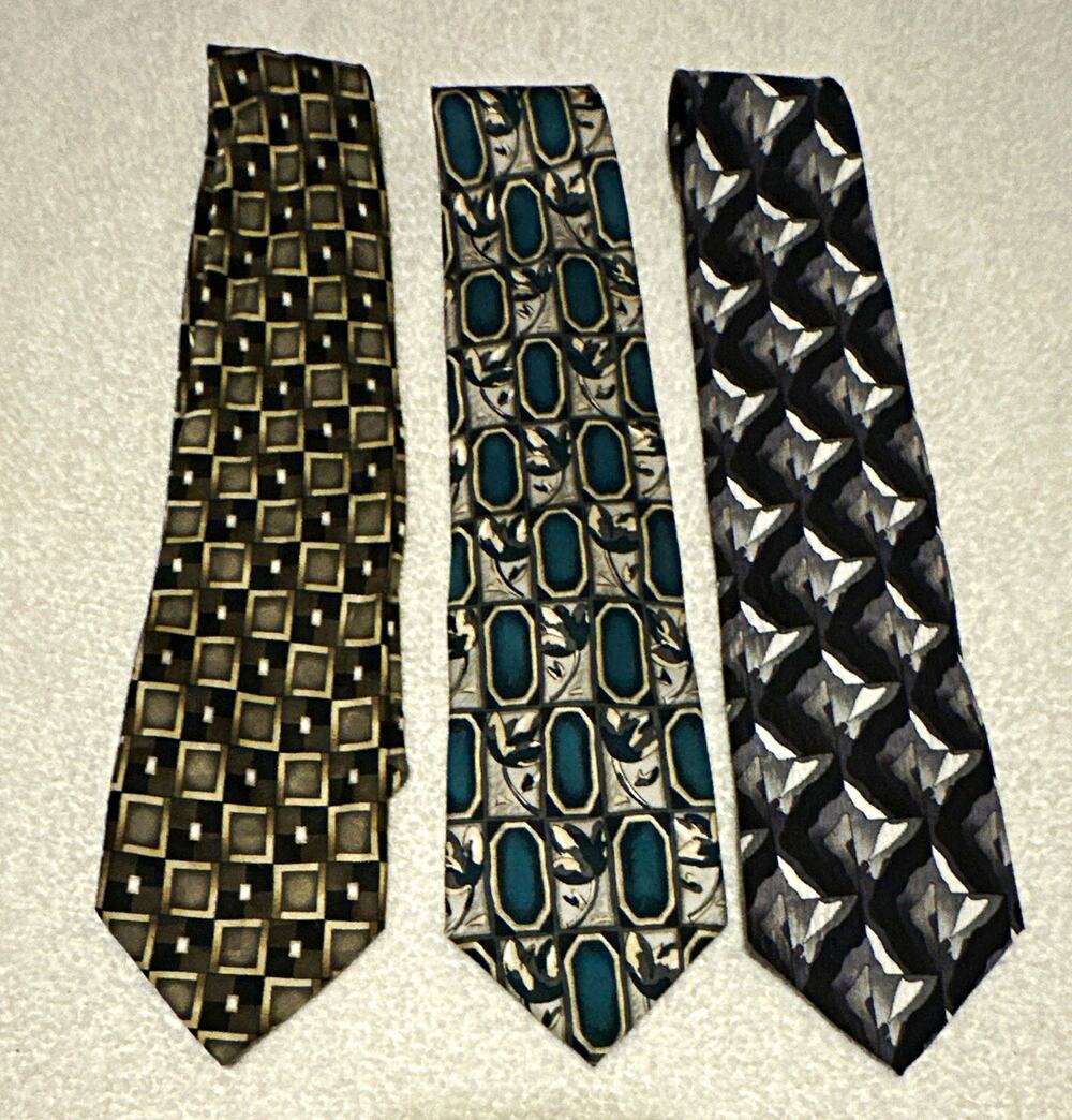 Mixed Designer Brands Men’s 3-Piece 100% Silk Woven Ties, Geometric Black